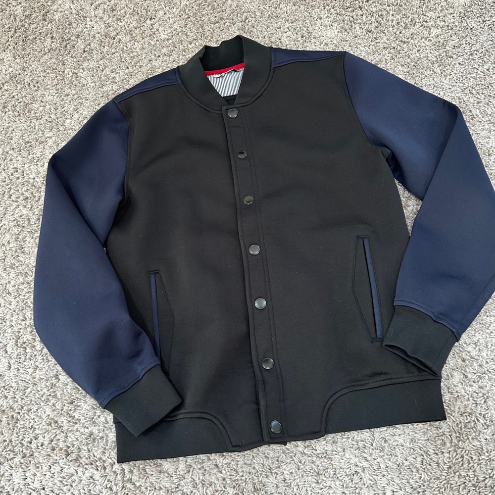 Five Four Mens Varsity Bomber Jacket Black Navy Blue Snap Front Size M RN116666